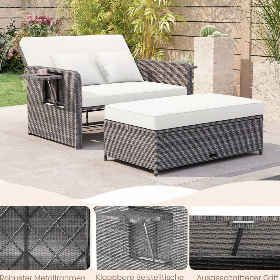 Lounge Möbel Outdoor Rattan Gartenlounge Set mit Hocker Gartensofa mit Liegefunktion Beige/Schwarz/Grau /Weiß