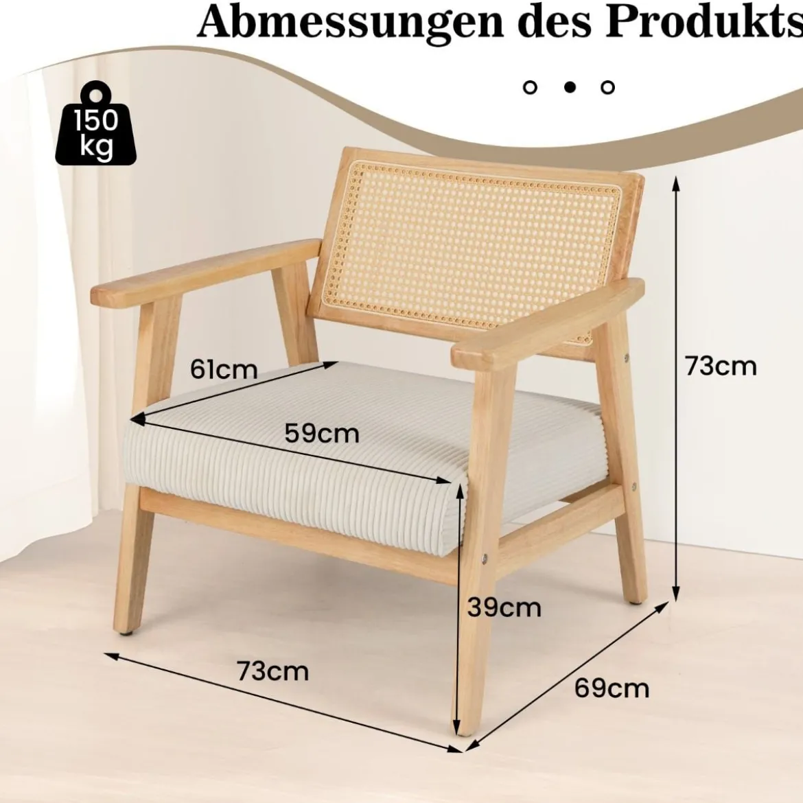 Loungesessel mit Rattan-Rückenlehne Esszimmerstuhl mit gepolsterter Sitzfläche gepolsterter Lesesessel
