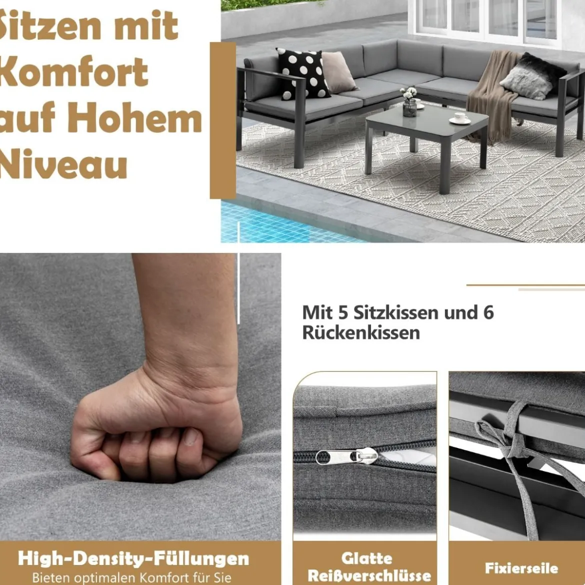 Lounge-Set aus Aluminium Gartenlounge für 4-5 Personen Gartenmöbel-Set Grau