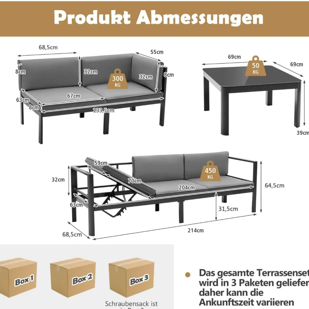 Lounge-Set aus Aluminium Gartenlounge für 4-5 Personen Gartenmöbel-Set Grau