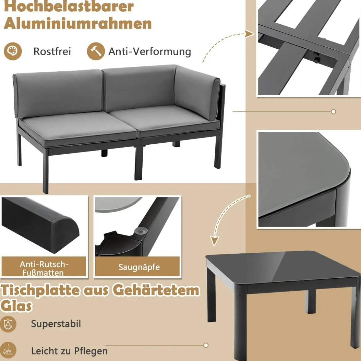Lounge-Set aus Aluminium Gartenlounge für 4-5 Personen Gartenmöbel-Set Grau