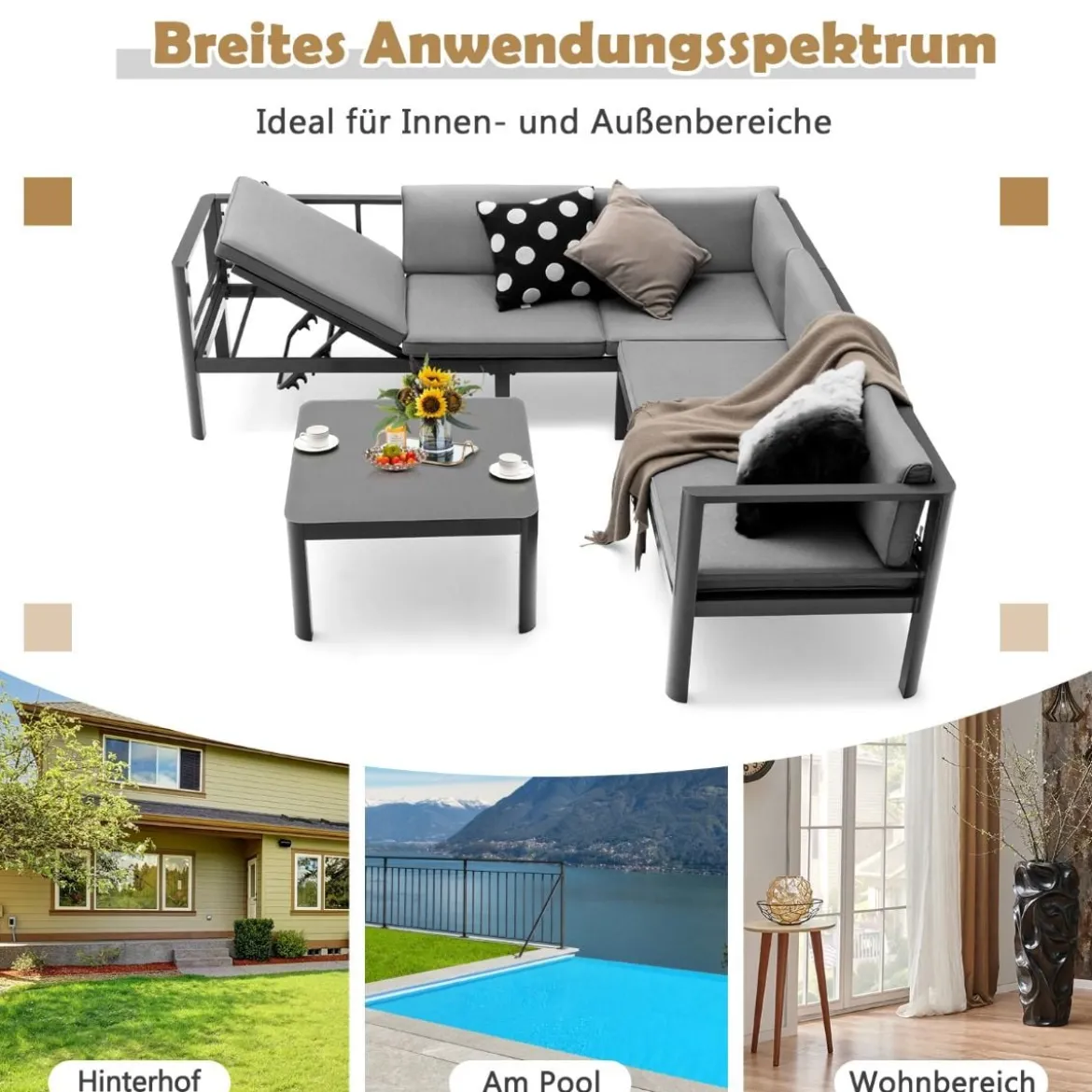 Lounge-Set aus Aluminium Gartenlounge für 4-5 Personen Gartenmöbel-Set Grau