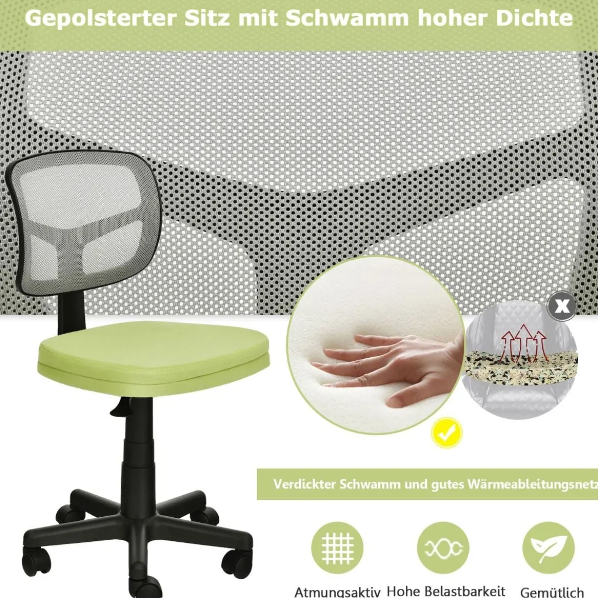 Low-Back-Bürostuhl höhenverstellbar Chefsessel belastbar 50 x 50 x 79-91 cm Grün