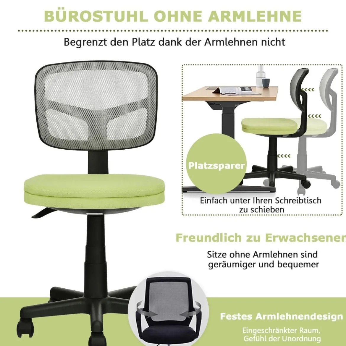 Low-Back-Bürostuhl höhenverstellbar Chefsessel belastbar 50 x 50 x 79-91 cm Grün