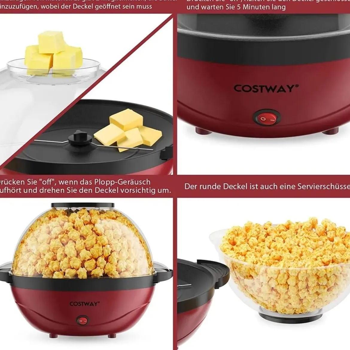 5L Popcornmaschine mit Rührwerk 850W Popcorn Maschine Popcorn Maker 35 x 30 x 25 cm Rot