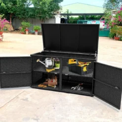 333L Rattan Auflagenbox mit Doppeltüren & Deckel & Ablage Kissenbox Gartenbox Sitzbank