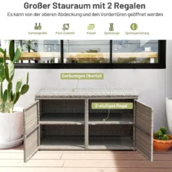 333L Rattan Auflagenbox mit Doppeltüren & Deckel & Ablage Kissenbox Gartenbox Sitzbank