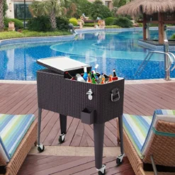 76 L Rollender Kühlwagen Getränkekühler aus Rattan 83 x 48 x 87 cm Braun