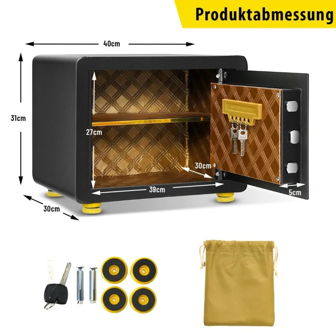 31,5L Safe Tresor Elektronischer Tresorschrank mit Digitaler Tastatur und Schlüssel 40 x 30 x 31 cm Schwarz