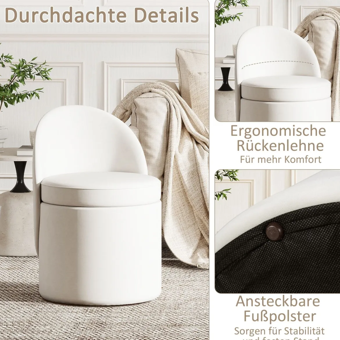 38 L Schminkhocker mit Rückenlehne & 9cm schwammgepolstertem Sitz Sitzhocker Ottomane