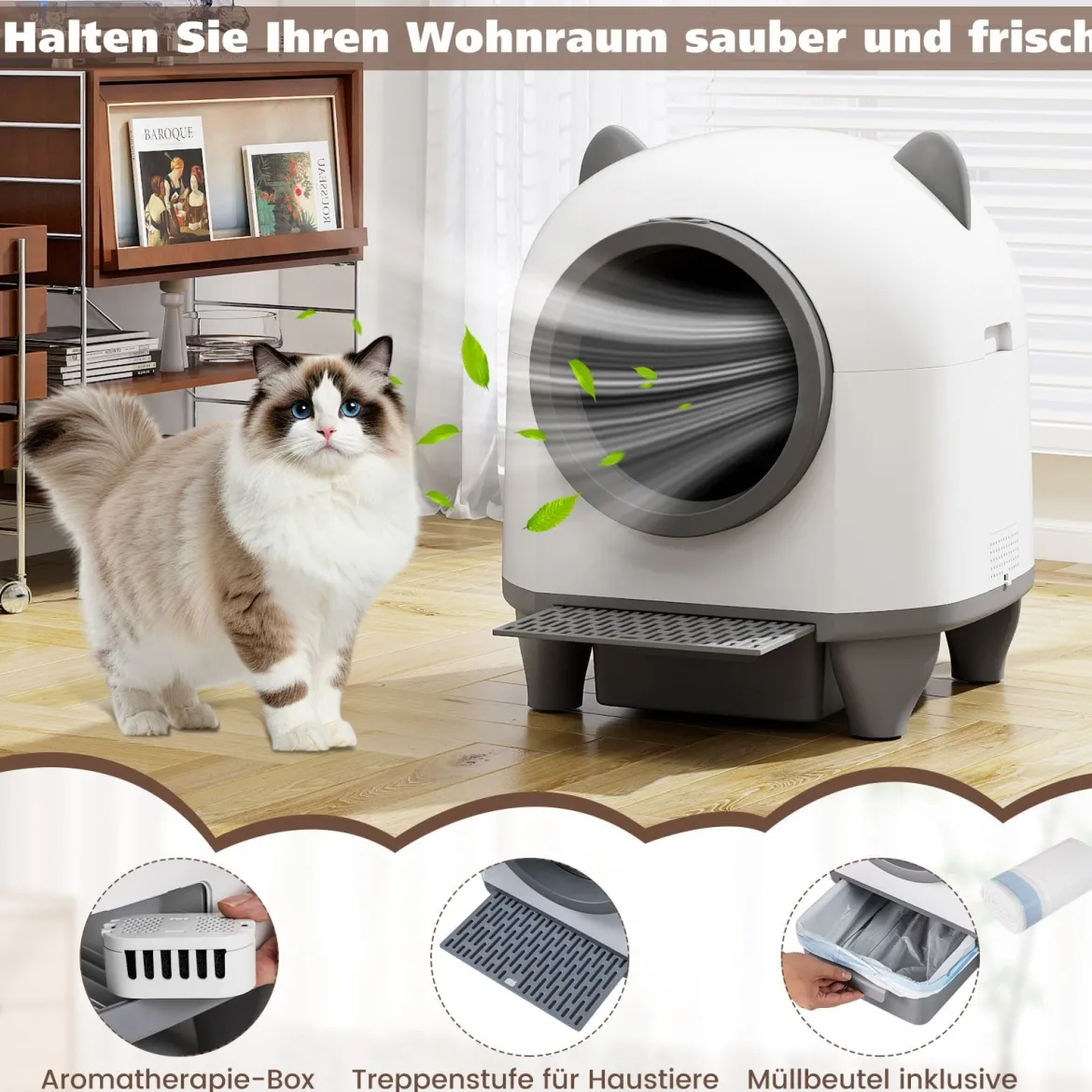 80L Selbstreinigende Katzentoilette mit App-Steuerung & Geruchskontrolle & 10 Sensorsicherheit & Müllbeutel