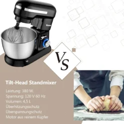 4,5 L Standmixer, 8-Gang-Küchenmaschine multifunktionaler elektrischer Küchenmixer mit Knethaken Schwarz