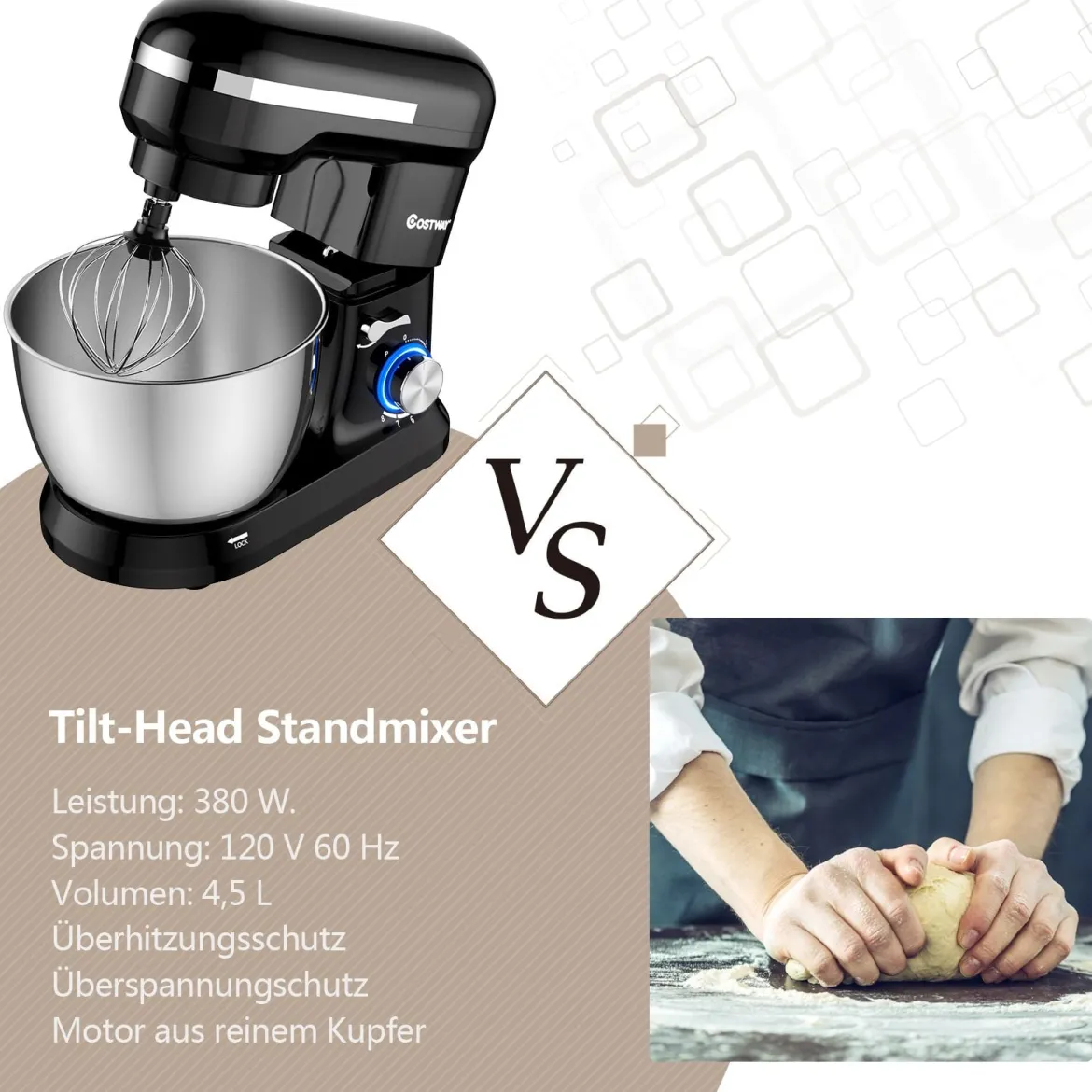 4,5 L Standmixer, 8-Gang-Küchenmaschine multifunktionaler elektrischer Küchenmixer mit Knethaken Schwarz