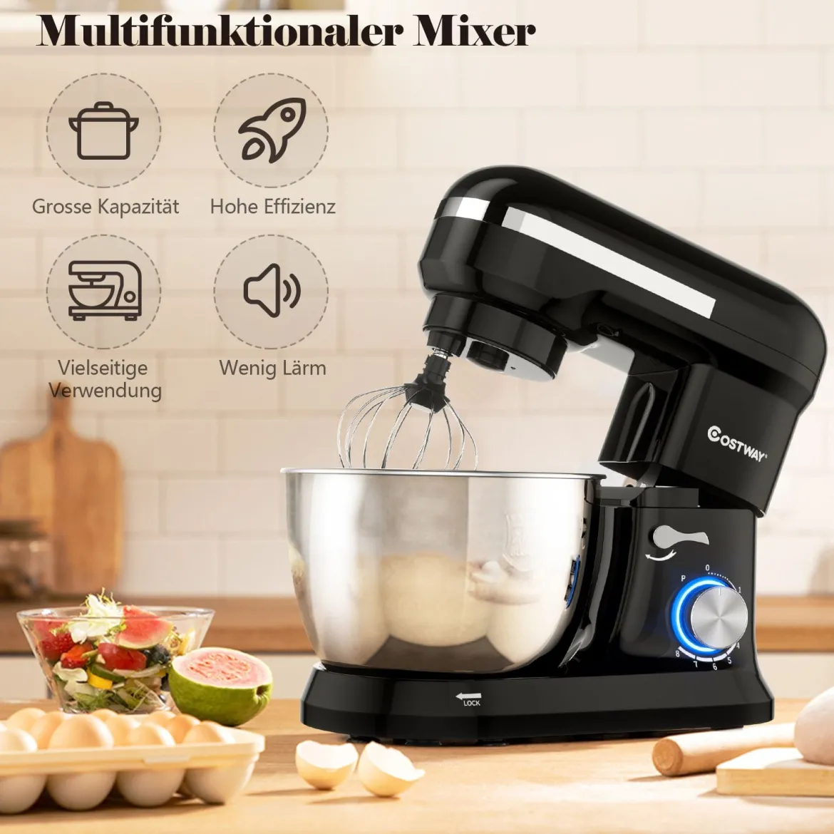 4,5 L Standmixer, 8-Gang-Küchenmaschine multifunktionaler elektrischer Küchenmixer mit Knethaken Schwarz
