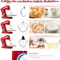 4,5 L Standmixer mit kippbarem Kopf 1300W Küchenmaschine Knetmaschine Rührmaschine 8 Stufen Rot
