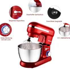 4,5 L Standmixer mit kippbarem Kopf 1300W Küchenmaschine Knetmaschine Rührmaschine 8 Stufen Rot