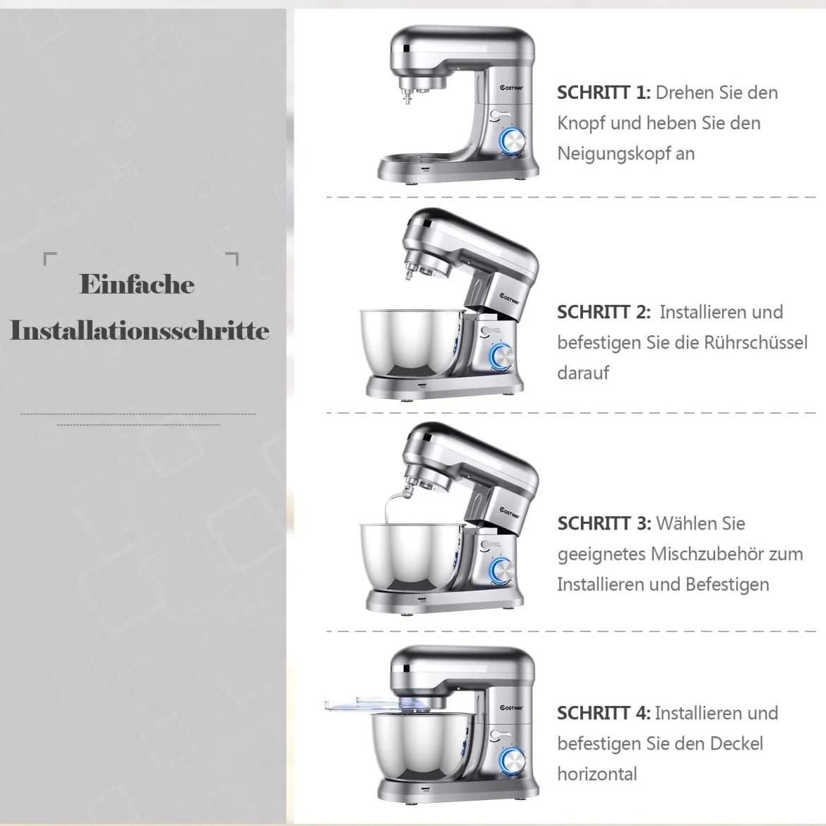 4,5 L Standmixer mit kippbarem Kopf multifunktionaler elektrischer Küchenmixer 34 x 18,5 x 32 cm Silber