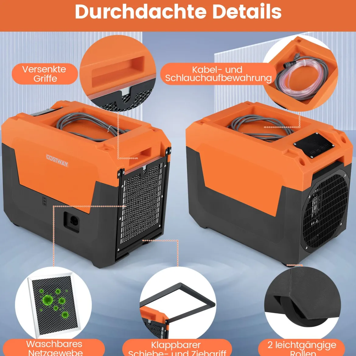 66 L/Tag Elektrischer Luftentfeuchter mit Ablaufschlauch & Pumpe Industrieller Bautrockner Orange