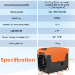 66 L/Tag Elektrischer Luftentfeuchter mit Ablaufschlauch & Pumpe Industrieller Bautrockner Orange