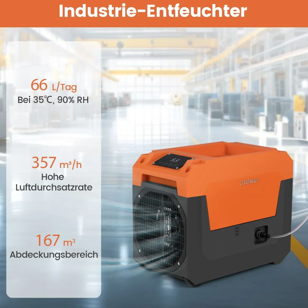 66 L/Tag Elektrischer Luftentfeuchter mit Ablaufschlauch & Pumpe Industrieller Bautrockner Orange
