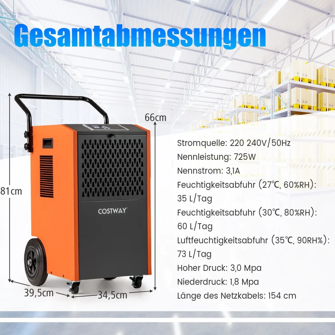 73 L/Tag Kommerzieller Luftentfeuchter Industrieller Bautrockner mit Ablaufschlauch & 24H Timer Orange