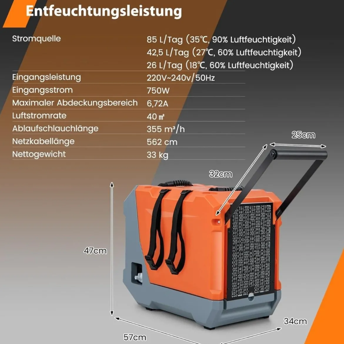 85 L/Tag Luftentfeuchter Bautrockner mit Pumpe & Ablaufschlauch Industrie Trocknungsgerät mit 24H Timer