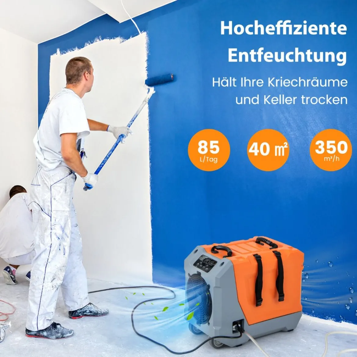 85 L/Tag Luftentfeuchter Bautrockner mit Pumpe & Ablaufschlauch Industrie Trocknungsgerät mit 24H Timer Orange + Grau