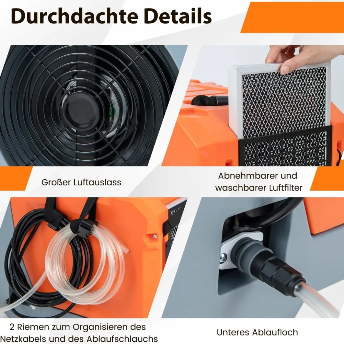 85 L/Tag Luftentfeuchter Bautrockner mit Pumpe & Ablaufschlauch Industrie Trocknungsgerät mit 24H Timer Orange + Grau