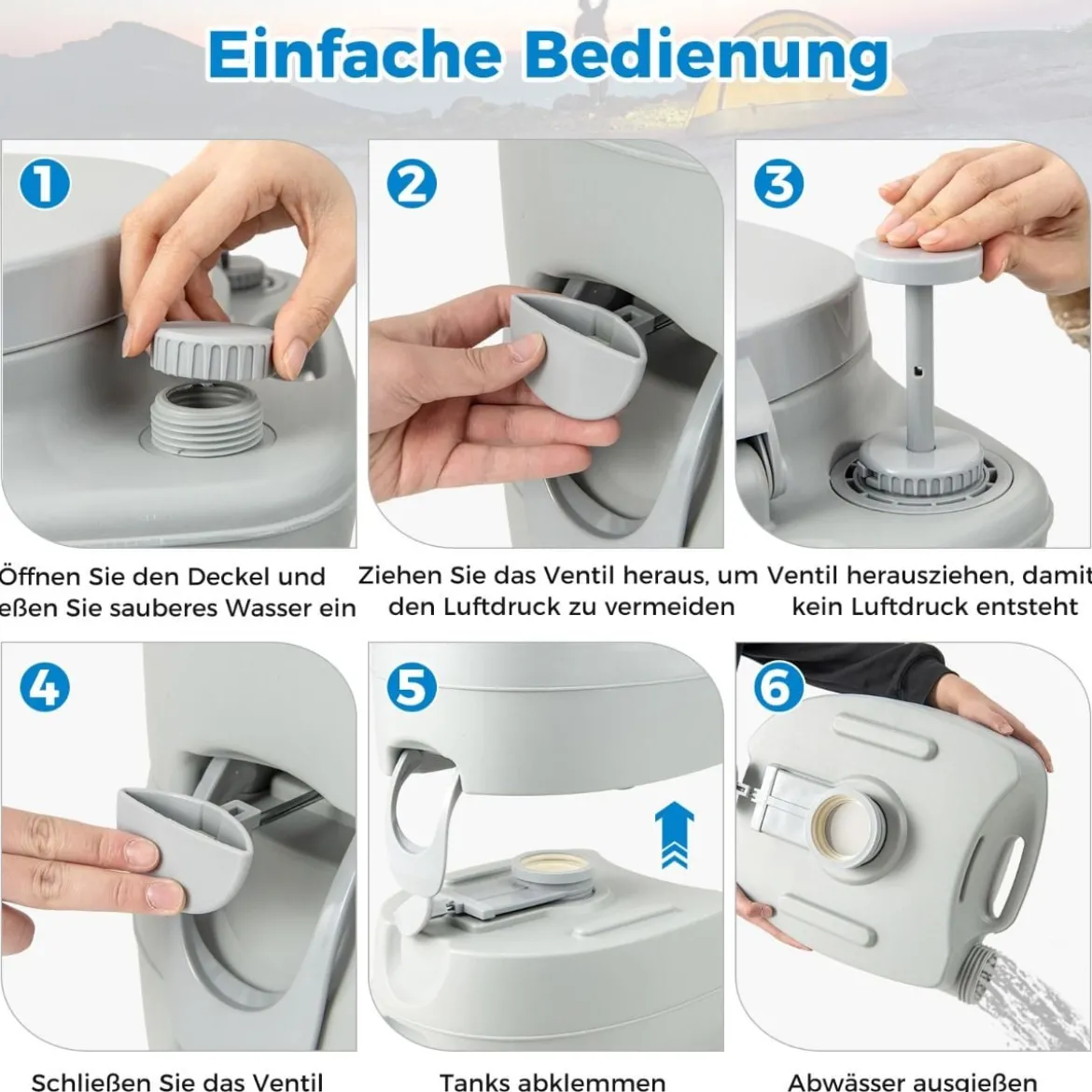 20L Tragbare Toilette mit Abnehmbarem Abfalltank & Auslaufsicherem Sitz & Spülpumpe Grau