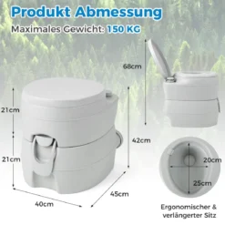 20L Tragbare Toilette mit Abnehmbarem Abfalltank & Auslaufsicherem Sitz & Spülpumpe Grau