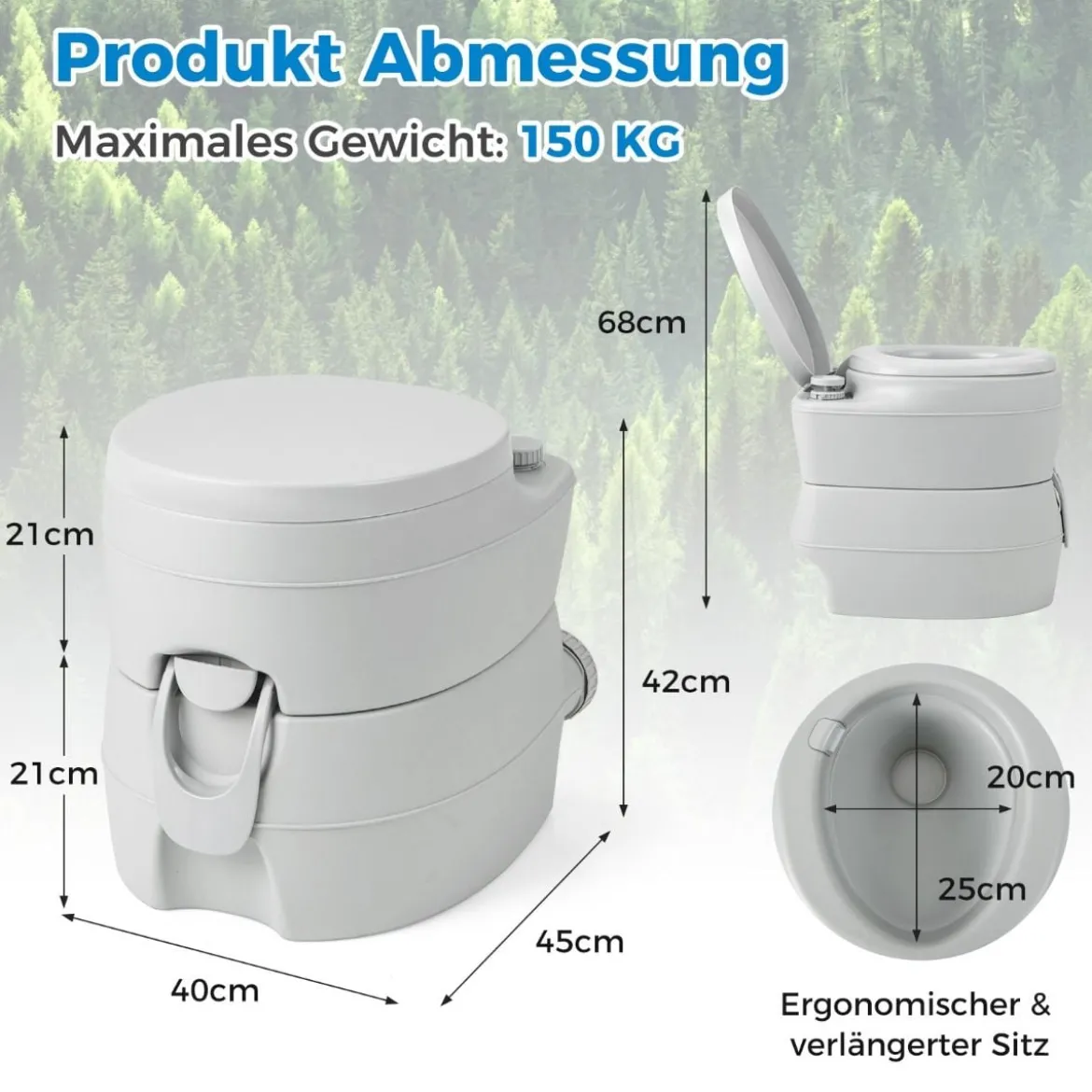 20L Tragbare Toilette mit Abnehmbarem Abfalltank & Auslaufsicherem Sitz & Spülpumpe Grau