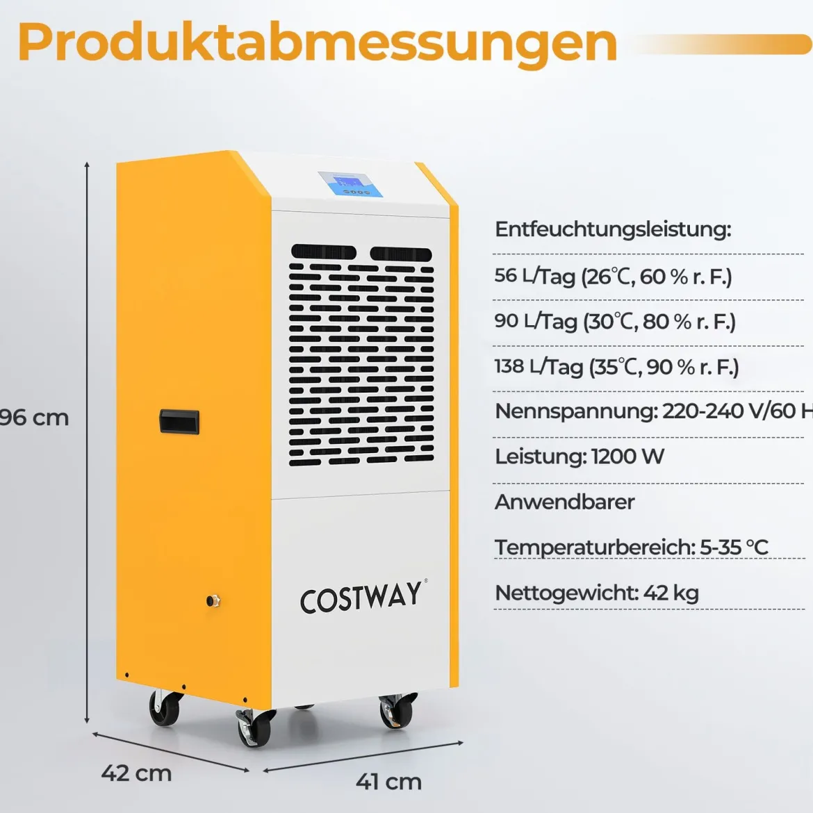 Luftentfeuchter 90L/Tag Bautrockner Kommerziell mit Pumpe Ablaufschlauch 4 Rädern 24H Timer