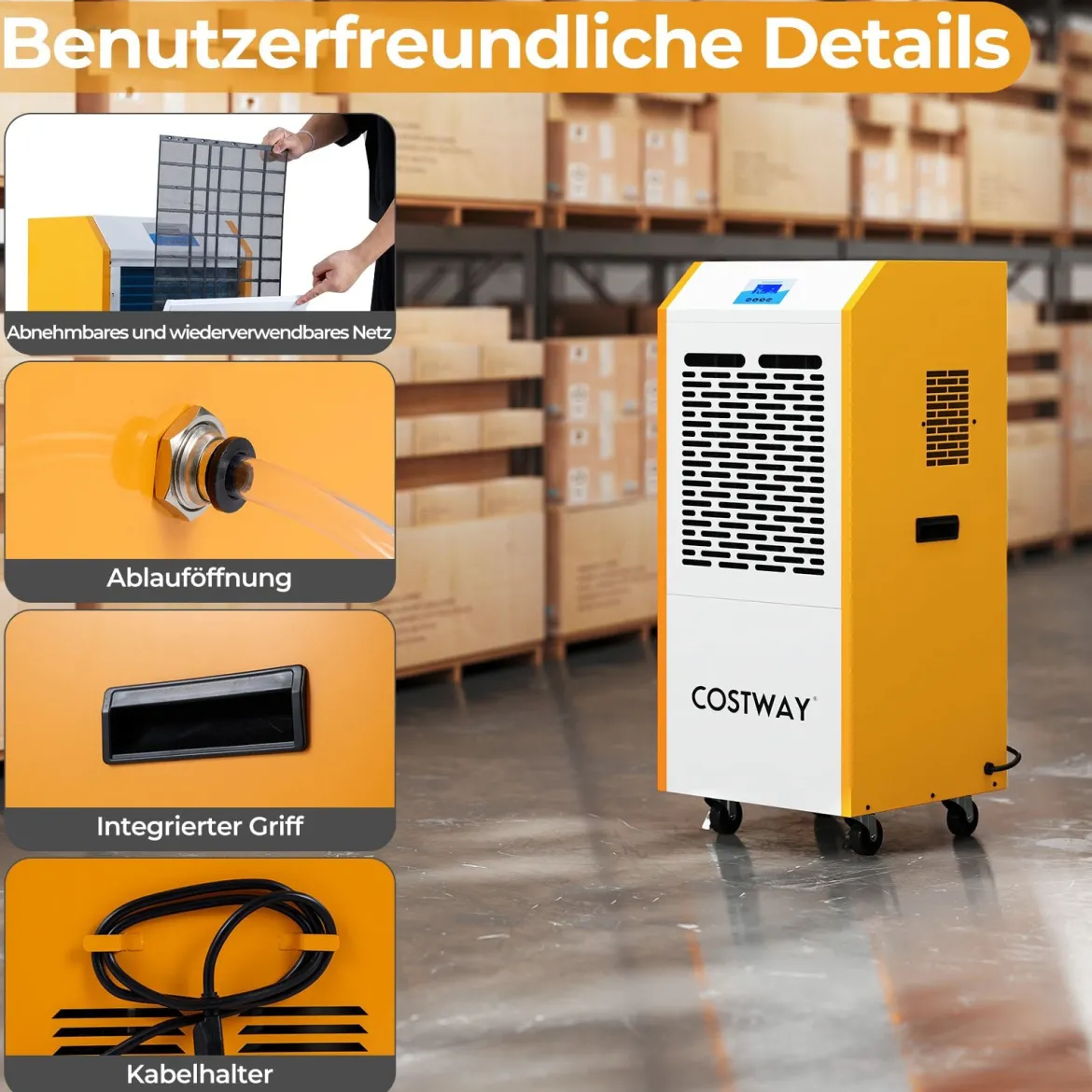 Luftentfeuchter 90L/Tag Bautrockner Kommerziell mit Pumpe Ablaufschlauch 4 Rädern 24H Timer