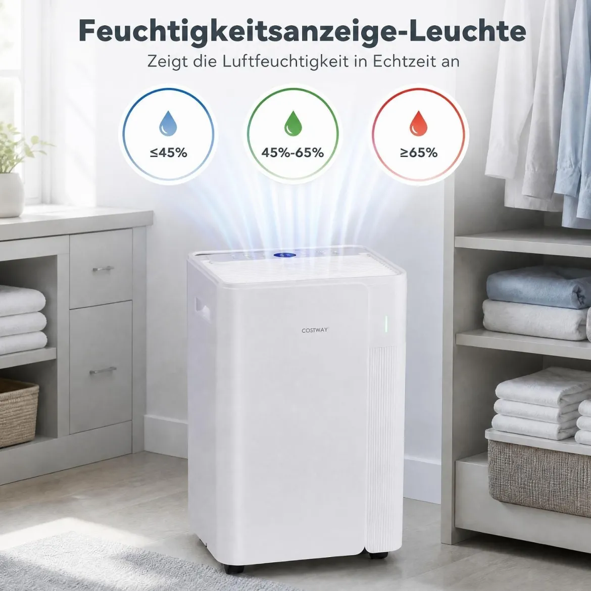 Luftentfeuchter 20L/Tag mit Rollen & 3 Entfeuchtungsmodi Tragbarer Lufttrockner mit Ablaufschlauch