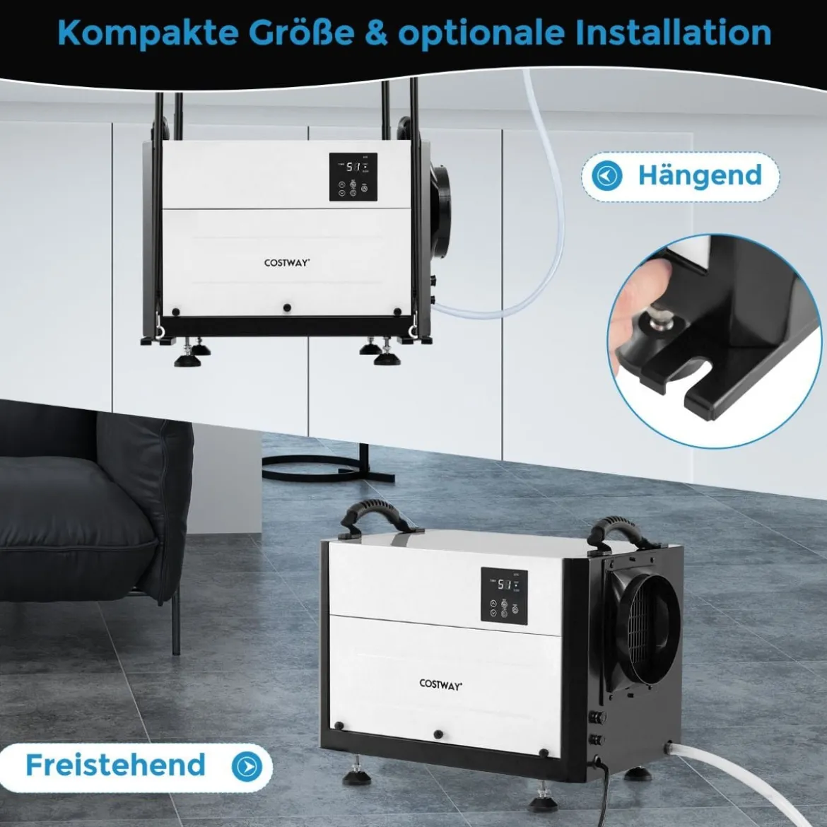 Luftentfeuchter mit 3 Modi & 24H Timer Bautrockner hängend & freistehend 2 in 1 20-58 L/Tag Blau/Weiß