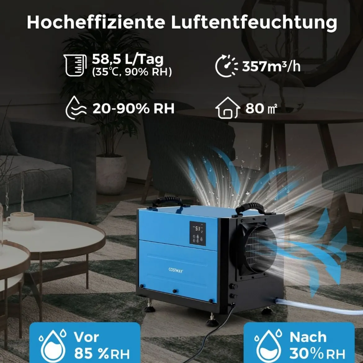 Luftentfeuchter mit 3 Modi & 24H Timer Bautrockner hängend & freistehend 2 in 1 20-58 L/Tag Blau/Weiß