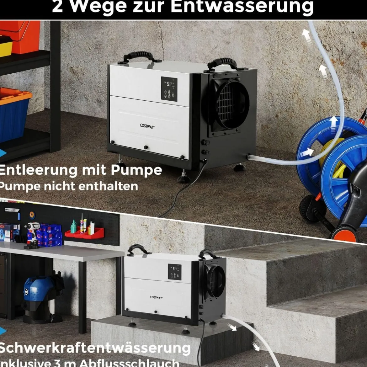 Luftentfeuchter mit 3 Modi & 24H Timer Bautrockner hängend & freistehend 2 in 1 20-58 L/Tag Blau/Weiß