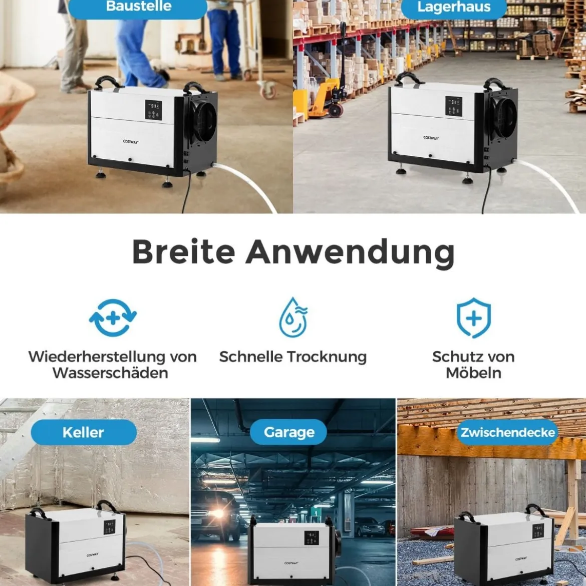 Luftentfeuchter mit 3 Modi & 24H Timer Bautrockner hängend & freistehend 2 in 1 20-58 L/Tag Blau/Weiß