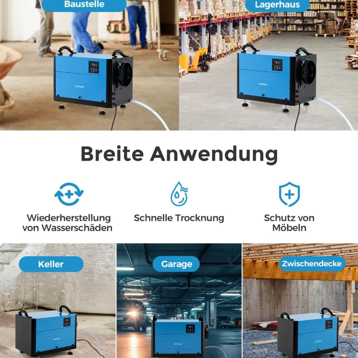 Luftentfeuchter mit 3 Modi & 24H Timer Bautrockner hängend & freistehend 2 in 1 20-58 L/Tag Blau/Weiß