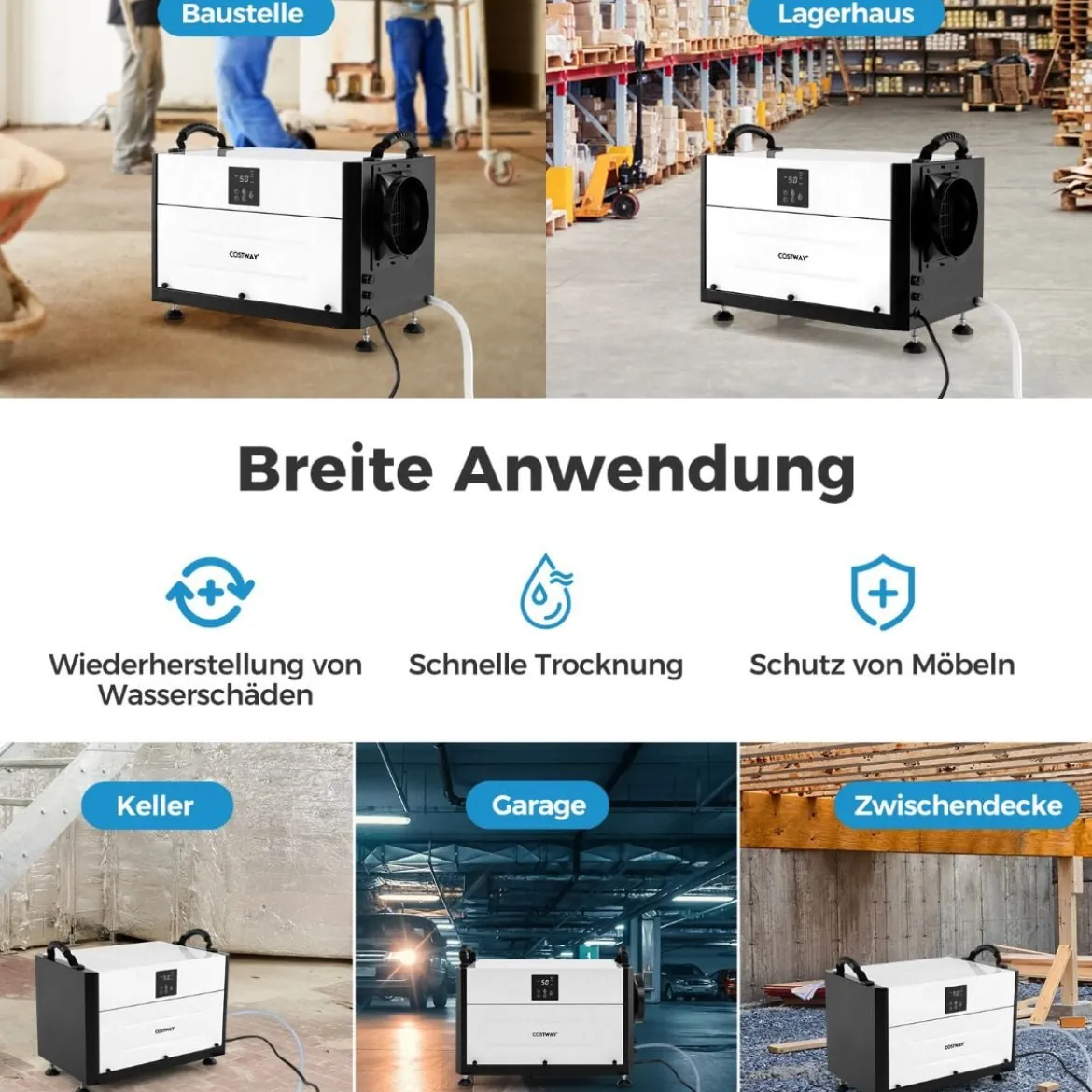 Luftentfeuchter mit 3 Modi & 24H Timer Bautrockner hängend 2 in 1 Industrie Trocknungsgerät Blau/Weiß 27-73 L/Tag