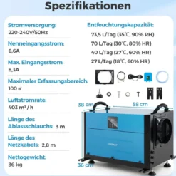 Luftentfeuchter mit 3 Modi & 24H Timer Bautrockner hängend 2 in 1 Industrie Trocknungsgerät Blau/Weiß 27-73 L/Tag