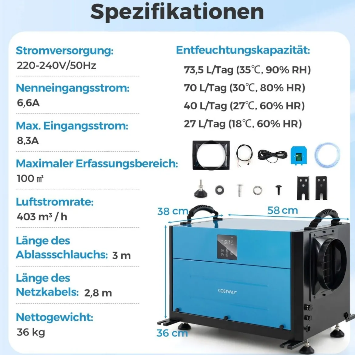 Luftentfeuchter mit 3 Modi & 24H Timer Bautrockner hängend 2 in 1 Industrie Trocknungsgerät Blau/Weiß 27-73 L/Tag