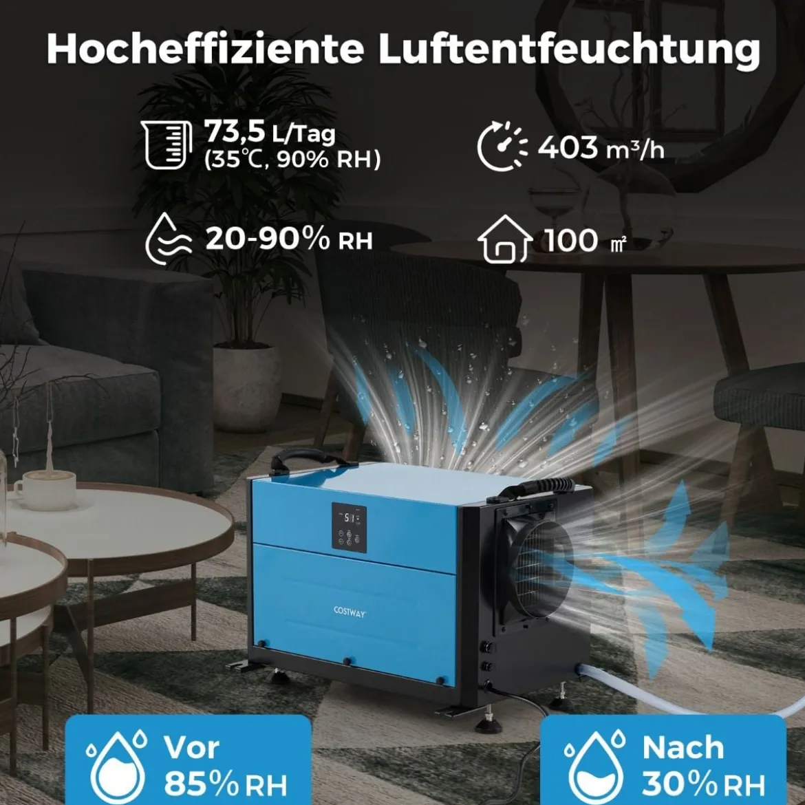 Luftentfeuchter mit 3 Modi & 24H Timer Bautrockner hängend 2 in 1 Industrie Trocknungsgerät Blau/Weiß 27-73 L/Tag