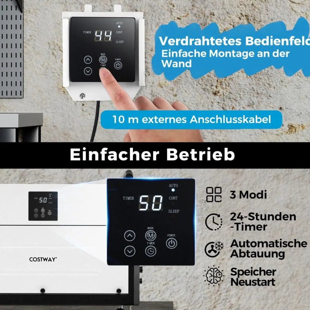 Luftentfeuchter mit 3 Modi & 24H Timer Bautrockner hängend 2 in 1 Industrie Trocknungsgerät Blau/Weiß 27-73 L/Tag