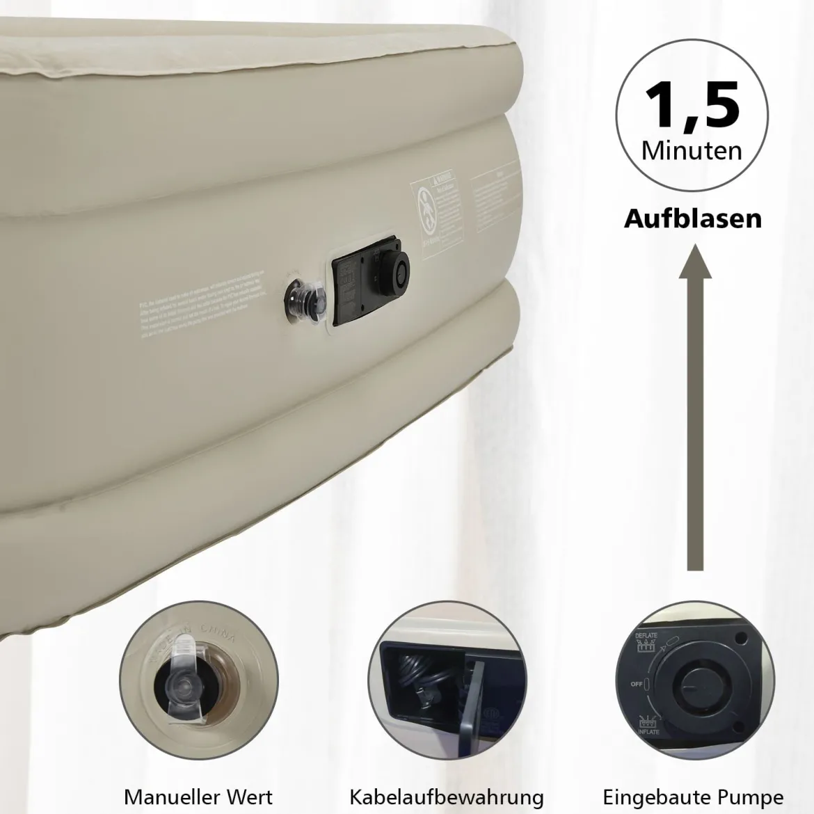 Luftmatratze erhöhte Luftmatratze Luftbett mit eingebauter Pumpe 203 x 152 x 56 cm Beige