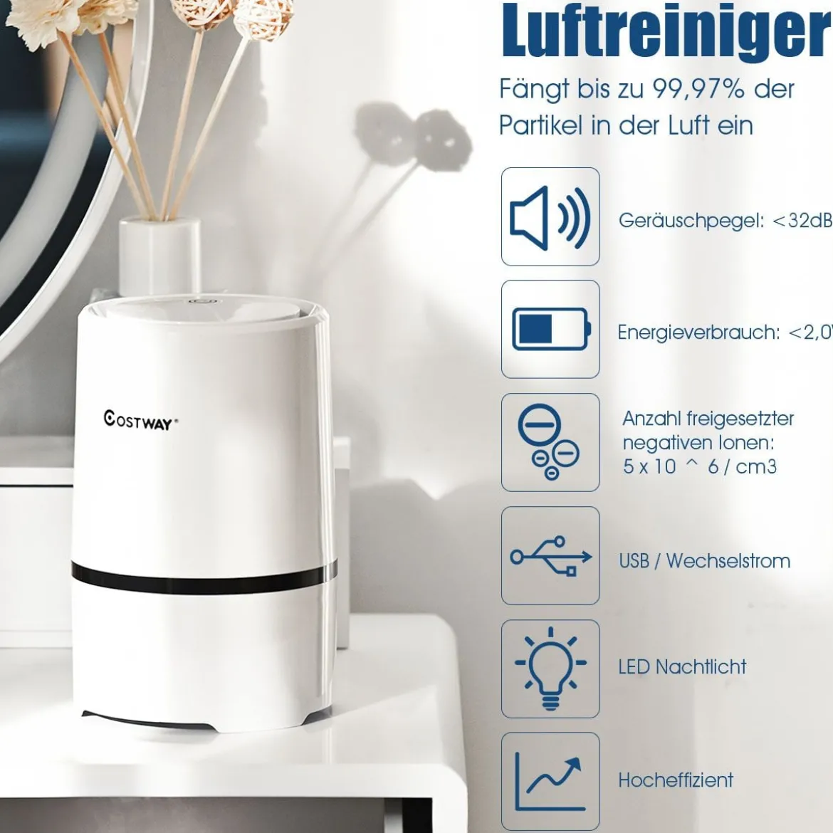 Luftreiniger 2-Stufen-Filterung Air Purifier Desktop-Luftfilter Weiß 13 x 13 x 19 cm