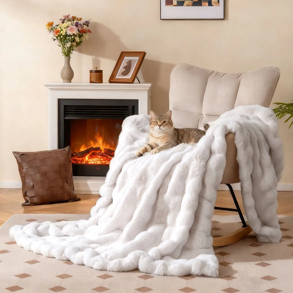 Luxuriöse Kunstpelz-Decke Flauschige Plüsch Kaninchenfell Blasen Decke Beige 153 x 203 cm