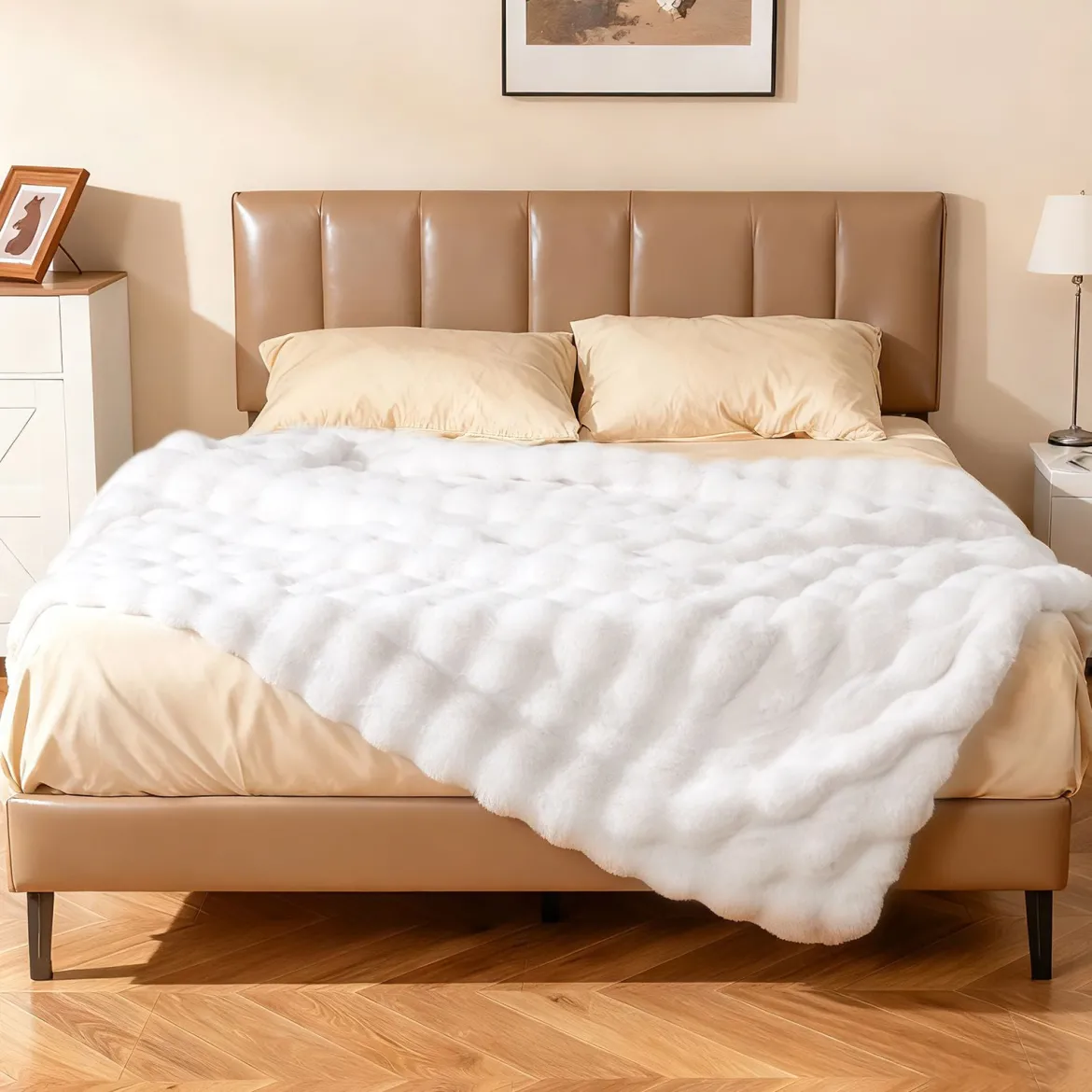 Luxuriöse Kunstpelz-Decke Flauschige Plüsch Kaninchenfell Blasen Decke Beige 153 x 203 cm