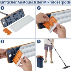 2,4L Wischmopp & Eimersystem mit Auswringfunktion mit 6er Set Wiederverwendbare Mikrofaser-Pads Blau