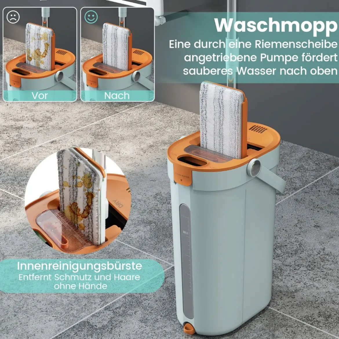2,4L Wischmopp & Eimersystem mit Auswringfunktion mit 6er Set Wiederverwendbare Mikrofaser-Pads
